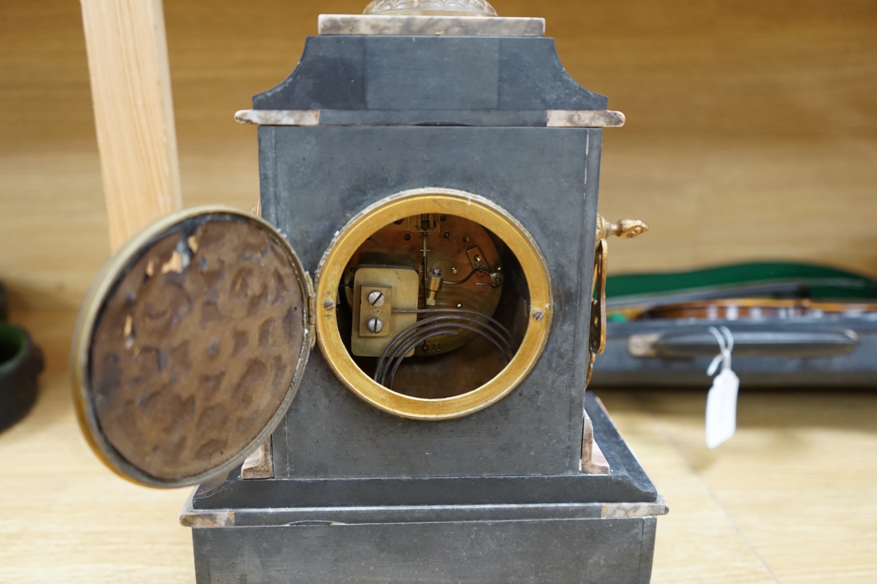 An early 20th century gilt metal and marble clock, no key or pendulum, 44cm. Condition - fair to good, not tested